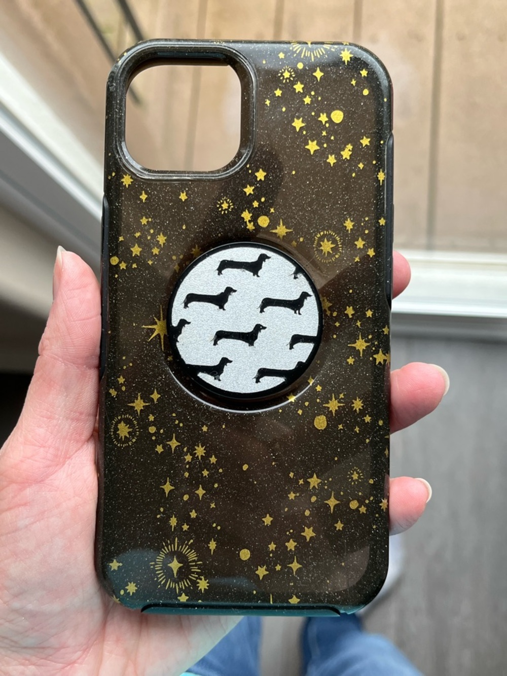 Black Starry Otterbox iPhone 13 Case with magnetic dachshund built in Pop Socket